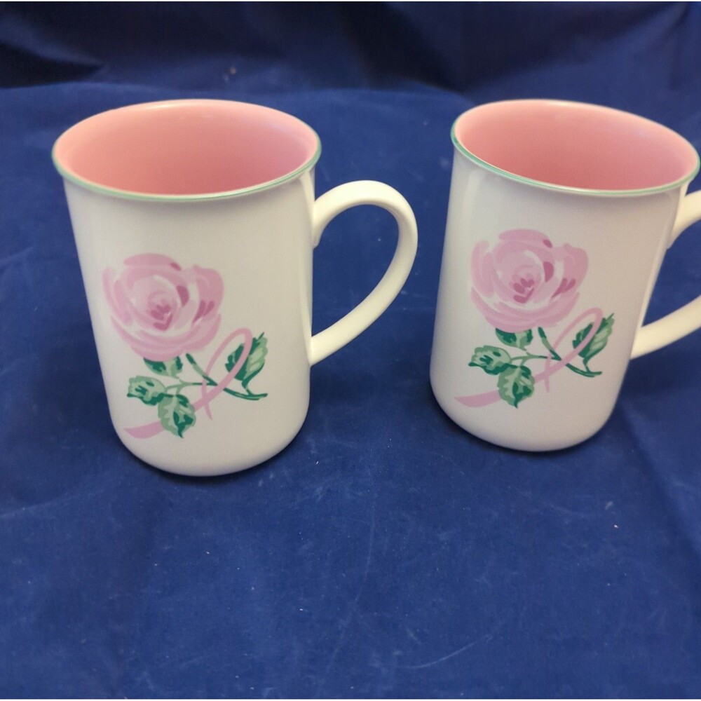 Avon Breast Cancer Awareness Mug Set Pink Ribbon Rose Coffee Tea Vtg 90s Gift